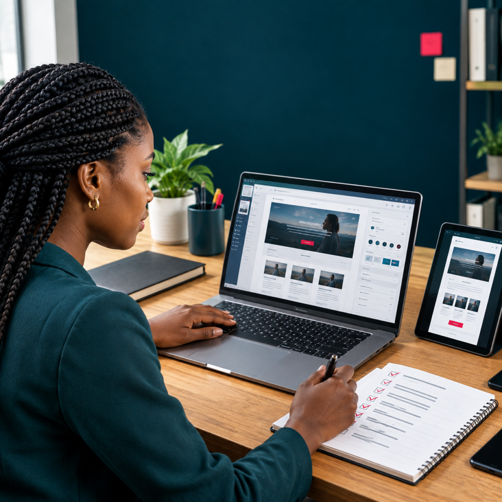 Professionnel travaillant sur la création structurée d’un site WordPress.