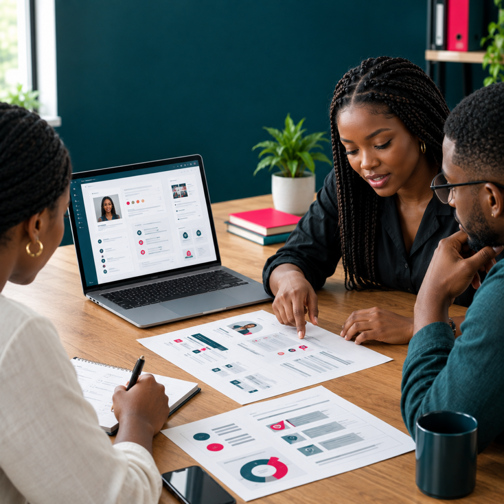 Équipe marketing analysant différents profils de clients et leurs besoins.